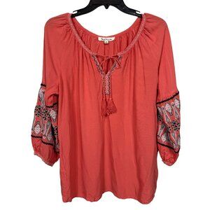 Solitaire Peasant Top Blouse Medium Orange Embroidered Balloon Boho Rayon India